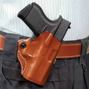 DESANTIS MINI SCABBARD HOLSTER - RH OWB LEATHER 1911 3-3.5" TAN