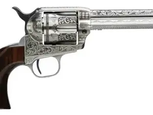 Taylors & Company 550898 1873 Cattleman 45 Colt (LC) Caliber with 5.50" Barrel, 6rd Capacity Cylinder, Overall White Photo Engraved Finish Steel & Walnut Grip