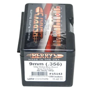 Berry's 15143 Superior Pistol 9mm/356 124 GR Hollow Base Round Nose Thick Plate 250 Per Box