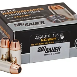 Sig Sauer E45AP050 Elite Performance  45 ACP 185 gr V Crown Jacketed Hollow Point 50 Per Box/10 Case