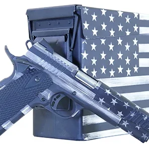 Citadel CITC45FUSGAC M1911 Flag 45 ACP 8+1, 5" Stainless Steel Barrel, American Flag Gray Cerakote Serrated Steel Slide, Steel Frame w/Beavertail, Matching Ammo Can, Ambidextrous