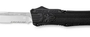 CobraTec Knives LBCTK1LDS CTK-1  Large 3.75" OTF Drop Point Part Serrated D2 Steel Blade/ Black Aluminum Handle Features Glass Breaker Includes Pocket Clip