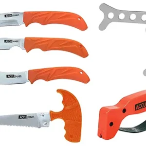 AccuSharp 728C Game Processing Kit Butcher/Caper/Gut-Hook/Bone Saw/Ribcage Spreader Gut Hook/Saw/Plain Stainless Steel Blade Orange FRN Handle