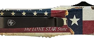 Templar Knife LTX631 Texan Gen II Large 3.50" OTF Drop Point Part Serrated Black Oxide Stonewashed 440C SS Blade/5.25" Texas Flag Aluminum Handle Features Glass Breaker Includes Pocket Clip/Sheath