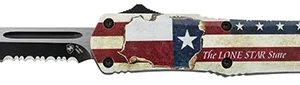 Templar Knife STX-531 Texan Gen II Small 2.25" OTF Tanto Part Serrated Black Oxide Stonewashed 440C SS Blade/ 4.31" Texas Flag Aluminum Handle Features Glass Breaker Includes Pocket Clip/Sheath