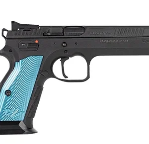 CZ-USA 91220 TS 2  9mm Luger 20+1 5.28" Blued Steel Barrel, Black Serrated Steel Slide, Black Polycoat Steel Frame w/Beavertail, Blue Checkered Aluminum Grip, Ambidextrous