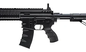 RWS/Umarex 2252120 Steel Strike Air Rifle CO2 177 BB Single Shot Or 6  Round Burst Mode, 30rd Drop Free Magazine, 900 BB Capacity Reservoir, Flat Top Picatinny Rail, Flip Up Sights, Adjustable Stock