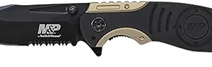 Smith & Wesson Knives SWP13BSCP M&P  3.50" Folding Drop Point Part Serrated Stonewashed 8Cr13MoV SS Blade/Black & Tan Aluminum Handle Includes Pocket Clip