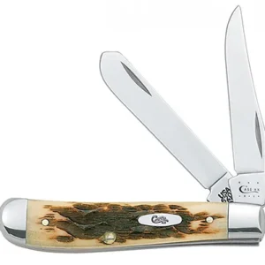 Case 00013 Mini Trapper  2.70"/2.75" Folding Clip Point/Spey Plain Mirror Polished Tru-Sharp SS Blade/ Peach Seed Jigged Amber Bone Handle