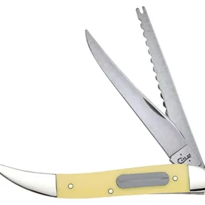 Case 00120 Fishing  3.40" Folding Clip/Fish Scaler Plain/Serrated Tumble Polish Tru-Sharp SS Blade/ Yellow Synthetic Handle
