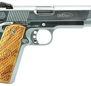 TriStar 85635 American Classic Trophy 1911 45 ACP 8+1, 5" Stainless Steel Barrel, Chrome Serrated Steel Slide, Chrome Steel Frame w/Beavertail, Wood Grip