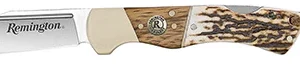 Remington Accessories 15654 Guide Lock Back 4.00" Folding V-Flat Stainless Steel Blade, Stag Bone Handle w/Remington Shield, Nickle Silver Bolsters, Includes Leather Lanyard