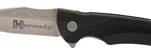 Hornady 99143   Folding Plain Satin w Laser Engraved Logo 420HC SS Blade Black GFN Handle Includes Pocket Clip