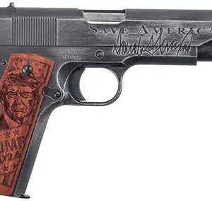 Auto-Ordnance 1911BKOC12 1911 Trump Save America 45 ACP  5" Barrel 7+1, Distressed Armor Black Cerakote, Carbon Steel Beavertail Frame, Serrated Engraved Slide, Custom Engraved Goncalo Wood Grip