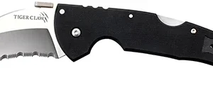 Cold Steel CS22KFS Tiger Claw  3.50" Folding Hawkbill Serrated Stonewashed American S35VN Blade/6" Matte Black w/Ring G10 Handle Includes Belt Clip