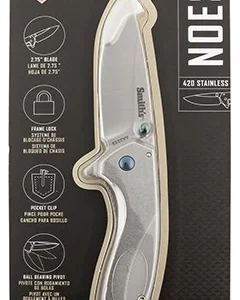 Smiths Products 51245 Noesis  2.75" Folding Drop Point Plain Satin 400 SS Blade/Bead Blasted Stainless Steel Handle Includes Pocket Clip