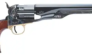 Cimarron CA041 1860 Army Cut For Stock .44 Cal 6 Shot, 8" Blued Round Steel Barrel, Blued Engraved/Fluted Cylinder, Color Case Hardened Steel Frame, Smooth Walnut Grip, Exposed Hammer