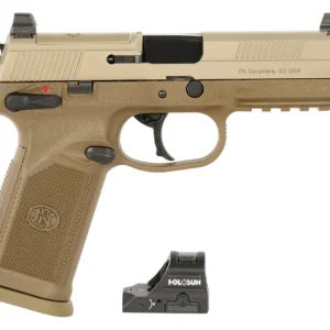 FN 66102272 FNX w/Optic 45 ACP 10rd 5.30" Black Steel Barrel, Flat Dark Earth Optic Ready/Serrated Stainless Steel Slide & Polymer Frame w/Picatinny Rail, Holosun 407C Red Dot, 5 Mags, Ambidextrous