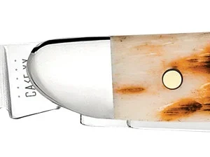 Case 00045 Peanut  2.10"/1.53" Folding Clip Point/Pen Plain Mirror Polished Tru-Sharp SS Blade, Peach Seed Jigged Amber Jigged Bone Handle