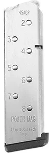CMC Products 14131 Power Mag  8rd 45 ACP Fits 1911 Government Stainless Steel w/ Black Base Pad