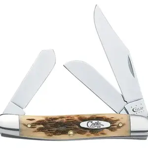 Case 00128 Stockman  Medium 2.92"/2.15"/1.90" Folding Clip/Sheepsfoot/Spey Plain Mirror Polished Tru-Sharp SS Blade/Peach Seed Jigged Amber Bone Handle
