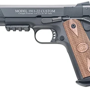 Chiappa Firearms 401101 1911-22 Custom 22 LR 10+1 5" Blued Serrated Steel Slide w/Picatinny Rail & Beavertail Frame, Stippled Walnut Grip