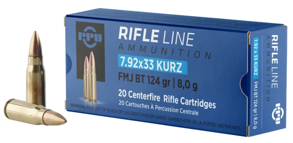 PPU PP7K Metric Rifle  7.9x33mmKurz 124gr Full Metal Jacket Boat Tail 20 Per Box/25 Case