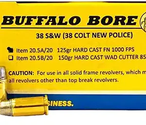 Buffalo Bore Ammunition 205A20 Personal Defense Strictly Business 38S&W 125gr Hard Cast Flat Nose 20 Per Box/12 Case