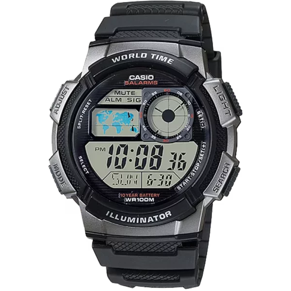 Classic World Time Digital Watch w/ 100 Meter Water-Resistance