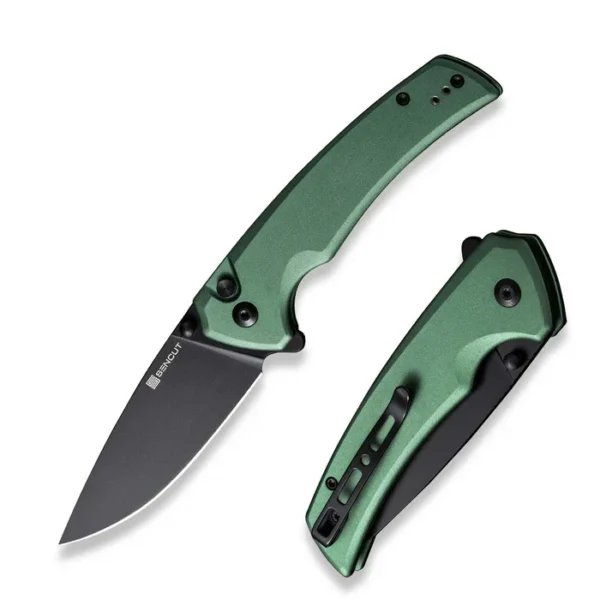 Serene Flipper/Thumb Stud Folding Knife 3.48"" Black D2 Drop Point Plain Edge Blade, Green Aluminum Handle