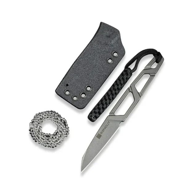 TEXO Fixed Blade Neck Knife 1.97"" Stonewash 9Cr18MoV Reverse Tanto Plain Edge Blade, Skeletonized Handle & Kydex Sheath
