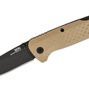 SOG Adventurer LB Lockback Folding Knife 3"" Black PVD Drop Point Blade, FDE Flat Dark Earth GRN Handles