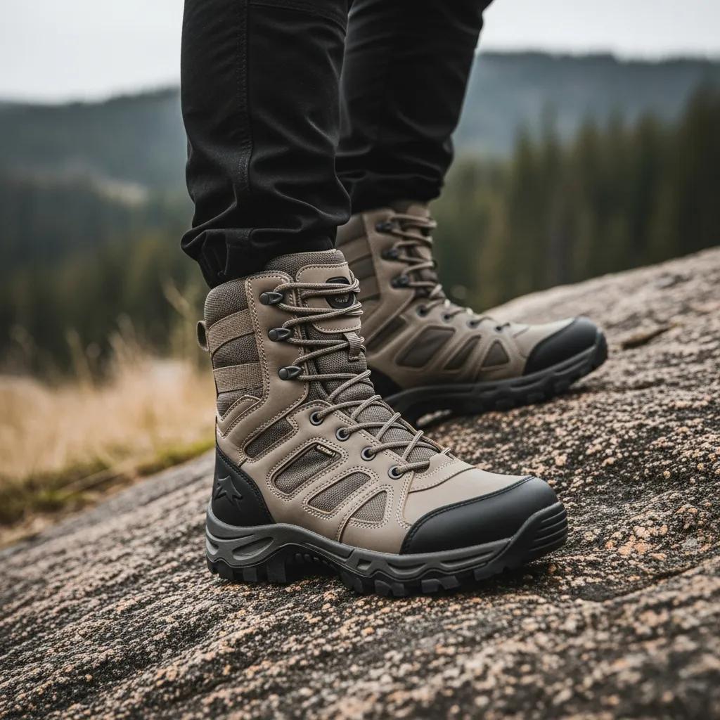Durable tactical boots on rocky terrain, showcasing outdoor functionality and rugged design