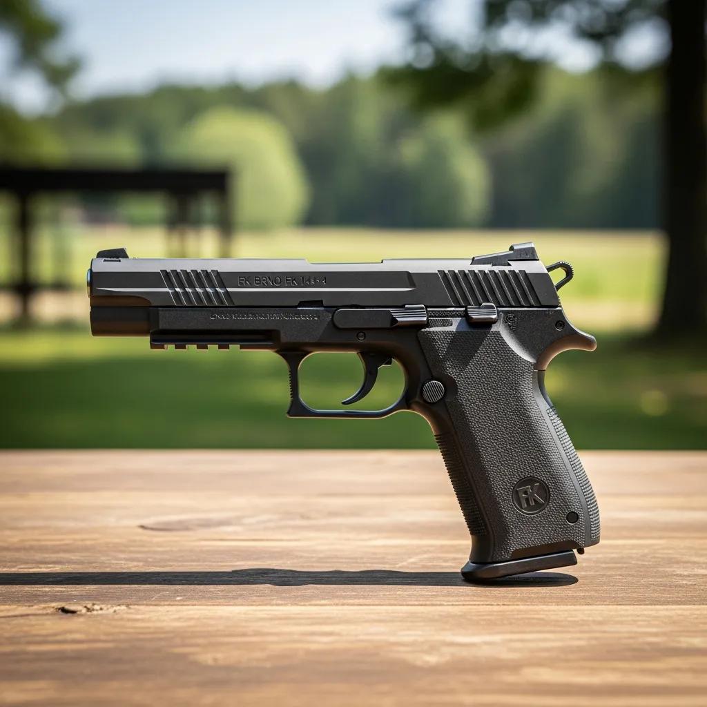 FK BRNO 7.5 FK pistol on a wooden table in an outdoor setting, showcasing its design and purpose for hunting