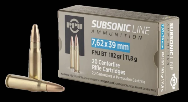 PPU 762 X 39 SUBSONIC FMJ 182GR 20RD BOX 50 BOXES PER CASE
